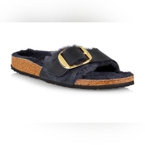 Birkenstock • Madrid Big Buckle Shearling-Lined Leather Sandals in Navy EUC